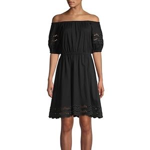 kate spade new york Scallop Border Knit Off-The-Shoulder A-Line Dress in Black